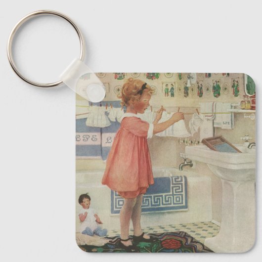 Meisje uit het verleden, kind doet wasgoed ophange sleutelhanger (Voorkant)