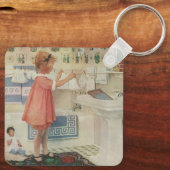 Meisje uit het verleden, kind doet wasgoed ophange sleutelhanger (Achterkant)
