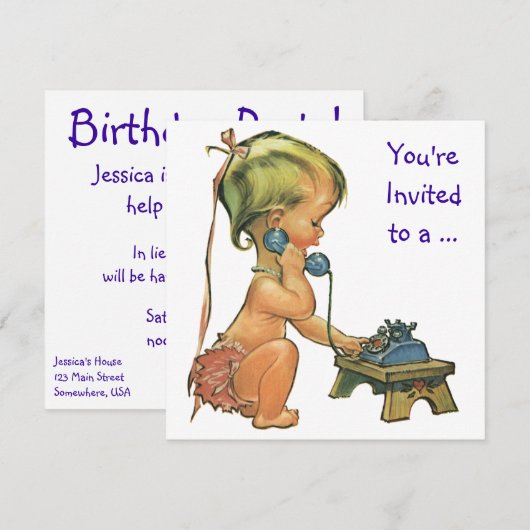  meisje via telefoon, uitnodiging van de Birthday  (Voorkant / Achterkant)