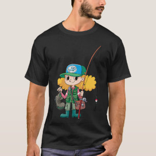 meisje visser met een hengel en een versleten o t-shirt