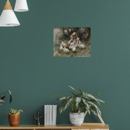 Meisje voeden witte konijnen impressionistische sc poster