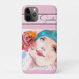 Meisje Vrouw Roze Rood RoosWaterverf Aqua Telefoon iPhone 11 Pro Hoesje