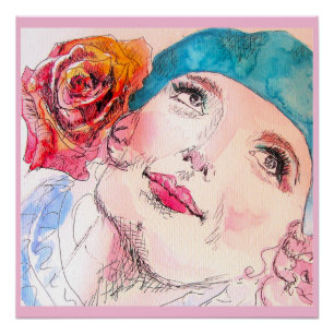 Meisje Vrouw Roze Waterverf Aqua Baret Roos Poster Perfect Poster