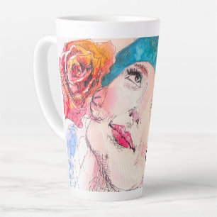 Meisje Vrouw Roze Waterverf Aqua Baret Roos Telefo Latte Mok