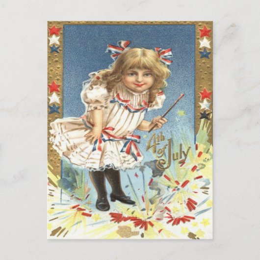 Meisje Vuurwerk Firecracker Sterren & Strepen Briefkaart (Voorkant)