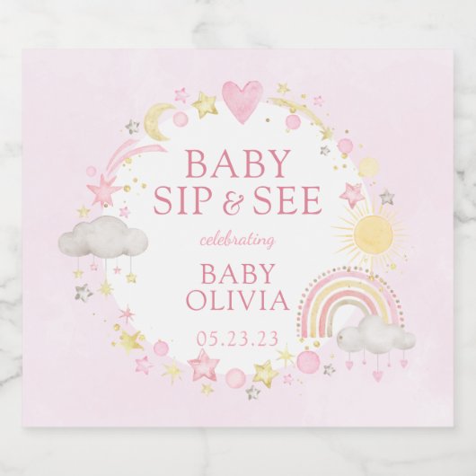 Meisje Waterverf Rainbow Baby Sip en zie Sparkling Wijnetiket (Enkel label)