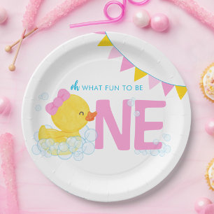 Meisje Waterverf Rubber Duck ONE 1e Verjaardag Papieren Bordje