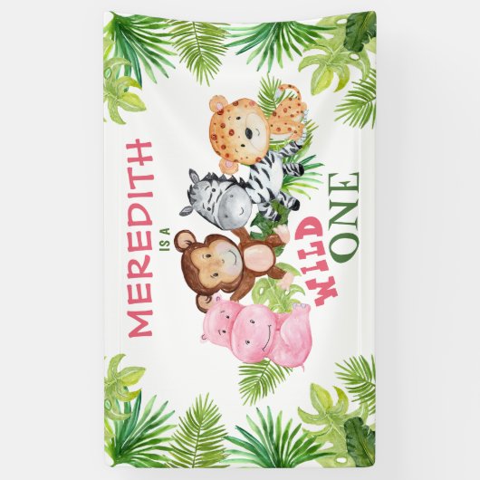 Meisje Wild Een Oerwoud Safari 1e Verjaardag Spandoek (Verticaal)