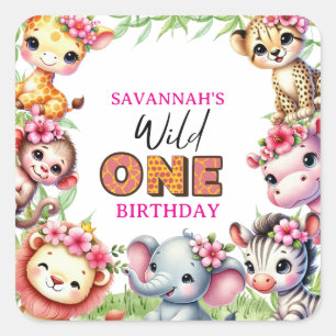 Meisje Wild One Jungle Safari Verjaardag Vierkante Sticker