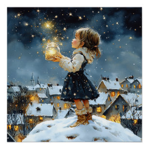 Meisje Winter Sterren Snowy Night Perfect Poster