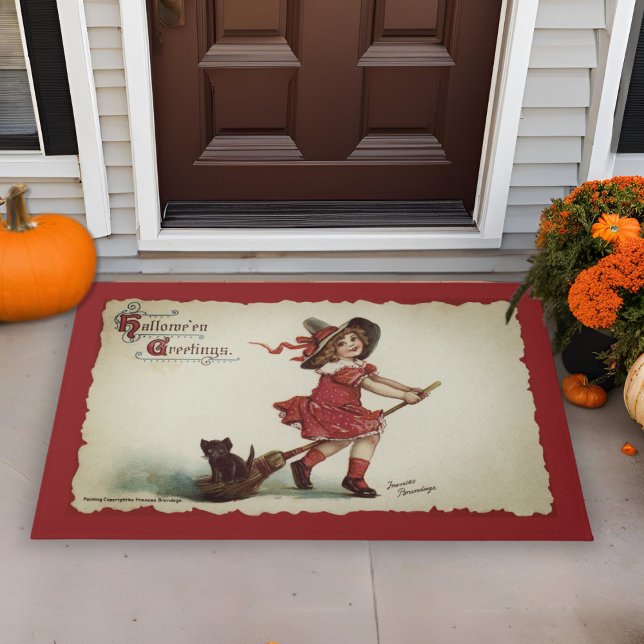  meisje-witje op Broom Halloween Deurmat (Vintage Little Girl Witch on Broom Halloween Doormat)