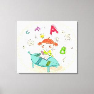 Meisje zit op de stoel en studeert canvas afdruk