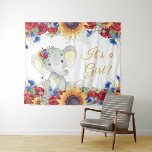 Meisje Zonnebloem Olifant Baby Shower Achtergrond Wandkleed