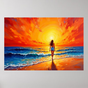 Meisje zonsondergang strand lopen oceaan golven de poster