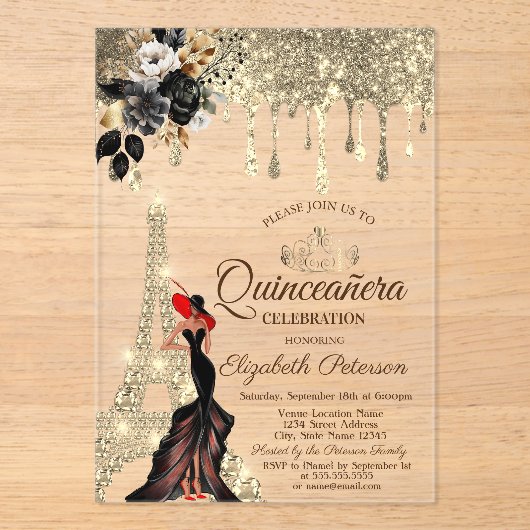 Meisje Zwarte Rozen Eiffeltoren Goud Drupt Rood Acryl Uitnodigingen (Voorkant)