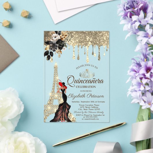 Meisje Zwarte Rozen Eiffeltoren Goud Drupt Rood Acryl Uitnodigingen (Insitu (Huwelijk))