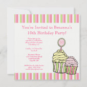 Meisjes 10e verjaardag Cupcake Striped Party Invit Kaart (Achterkant)