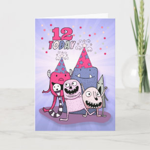 Meisjes 12e roze en Paarse monster Birthday Kaart