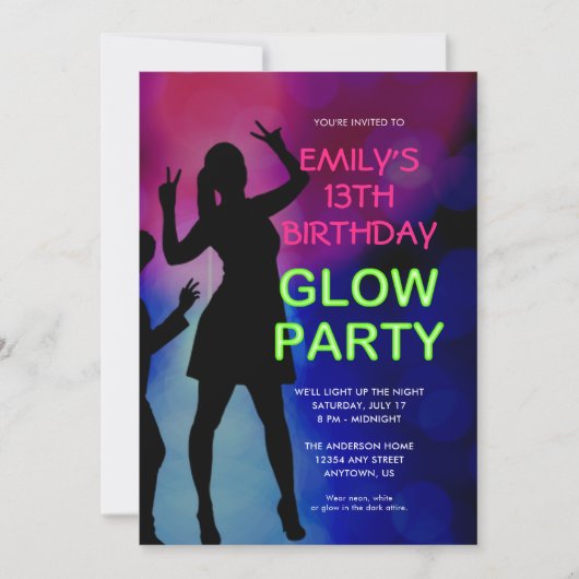 Meisje's 13e verjaardag Glow Party uitnodiging (Voorkant)