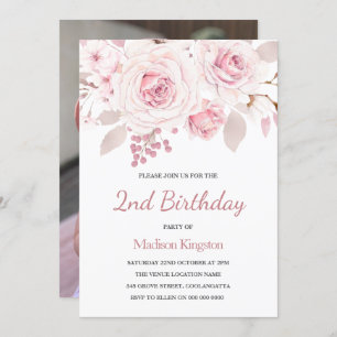 Meisjes 1ste verjaardag met foto-roze bloemen I Kaart