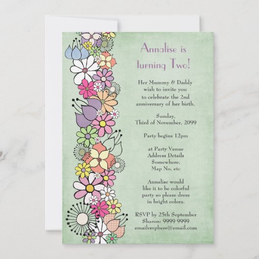 Meisjes 2e verjaardag Uitnodiging voor Aangepaste (Achterkant)