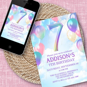 Meisjes 7e verjaardag Rainbow Balloons Uitnodiging
