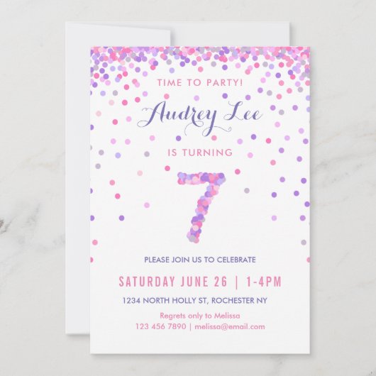 Meisjes 7e verjaardag Zevende verjaardag Confetti Kaart (Voorkant)