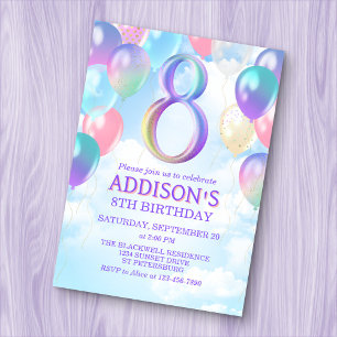 Meisjes 8e verjaardag Rainbow Balloons Uitnodiging