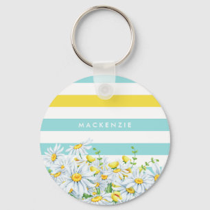 Meisjes Aqua Stripes met Gele Dagen en Naam Sleutelhanger