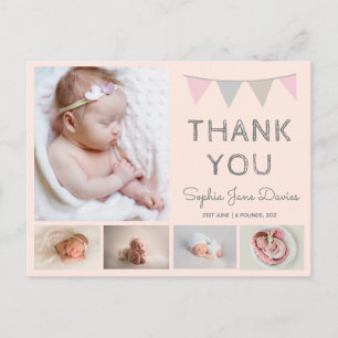 Meisjes baby dank u, roze geboorte aankondiging briefkaart