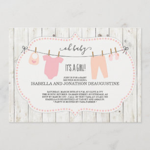 Meisjes Baby shower uitnodiging   rustieke waslijn