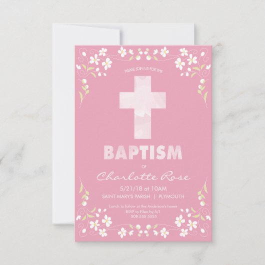 Meisjes baptisme uitnodiging - Roze, Waterverf kru (Voorkant)