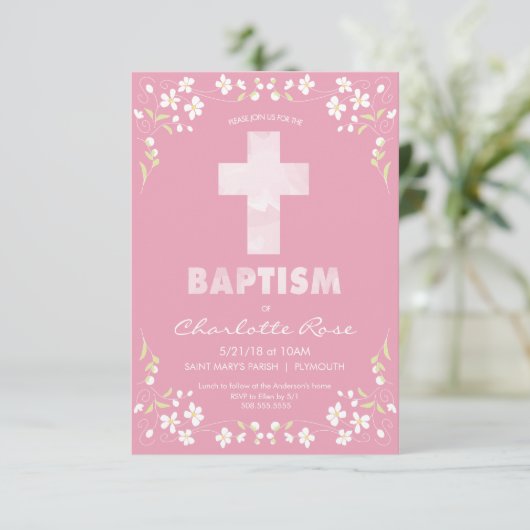 Meisjes baptisme uitnodiging - Roze, Waterverf kru (Staand voorkant)