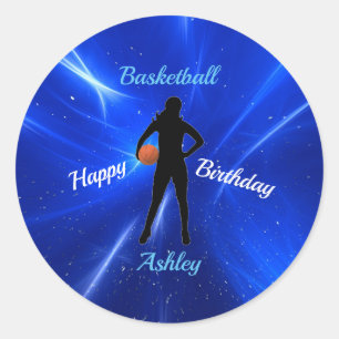 Meisjes Basketbal Blauw Verjaardag Ronde Sticker