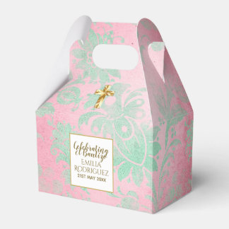 Meisjes Bautizo Roze Mintgroene Damast Gouden Krui Bedankdoosjes