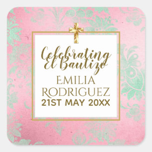 Meisjes Bautizo Roze Mintgroene Damast Gouden Krui Vierkante Sticker
