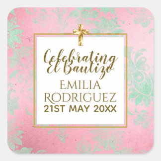 Meisjes Bautizo Roze Mintgroene Damast Gouden Krui Vierkante Sticker