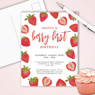 Meisjes Berry Eerste aardbei verjaardagsfeestje Uitnodiging Briefkaart