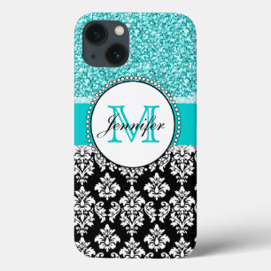 Meisjes, Blauwgroen, Glitter Black Damask geperson iPhone 13 Hoesje