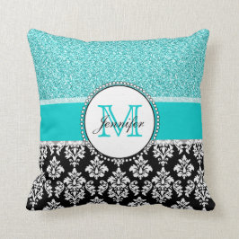 Meisjes, Blauwgroen, Glitter Black Damask geperson Kussen