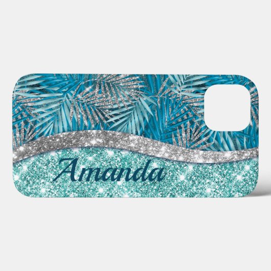 Meisjes blauwgroen groen zilverglitter blad monogr Case-Mate iPhone case (Achterkant (horizontaal))