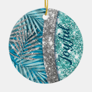 Meisjes blauwgroen groen zilverglitter blad monogr keramisch ornament