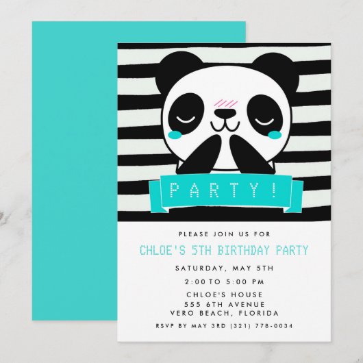 Meisjes Blauwgroen Panda 5th Birthday Party Kaart (Voorkant / Achterkant)