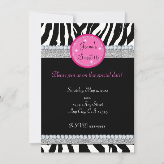 Meisjes Bling Sparkle Zebra Print Party Uitnodigin Kaart (Voorkant)