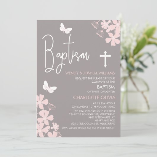 Meisjes Bloemen en Vlinders Doop uitnodiging (Staand voorkant)