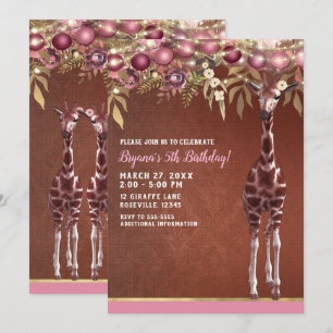 Meisjes Bloemen Giraffe Roze & Goud Verjaardagsfee Kaart