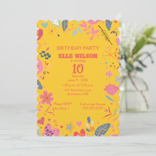 Meisjes Bloemen Lijst 10e verjaardag Uitnodiging (Staand voorkant)