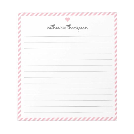Meisjes Blush Roze Stripe Feminine Script Heart Na Notitieblok (Voorkant)