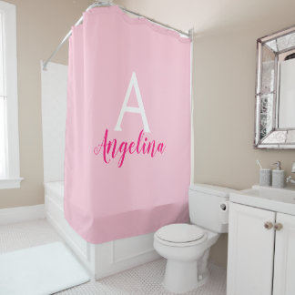 Meisjes Blush Roze, White & Hot Pink Monogram Name Douchegordijn