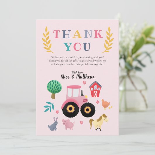 Meisjes Boerderij Dieren Roze Tractor Kinderen Ver Bedankkaart (Staand voorkant)